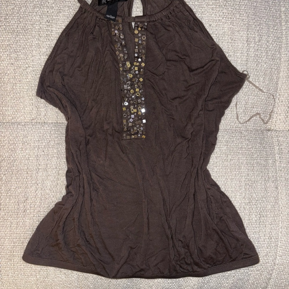 INC International Concepts Brown Top with Sequin Accent